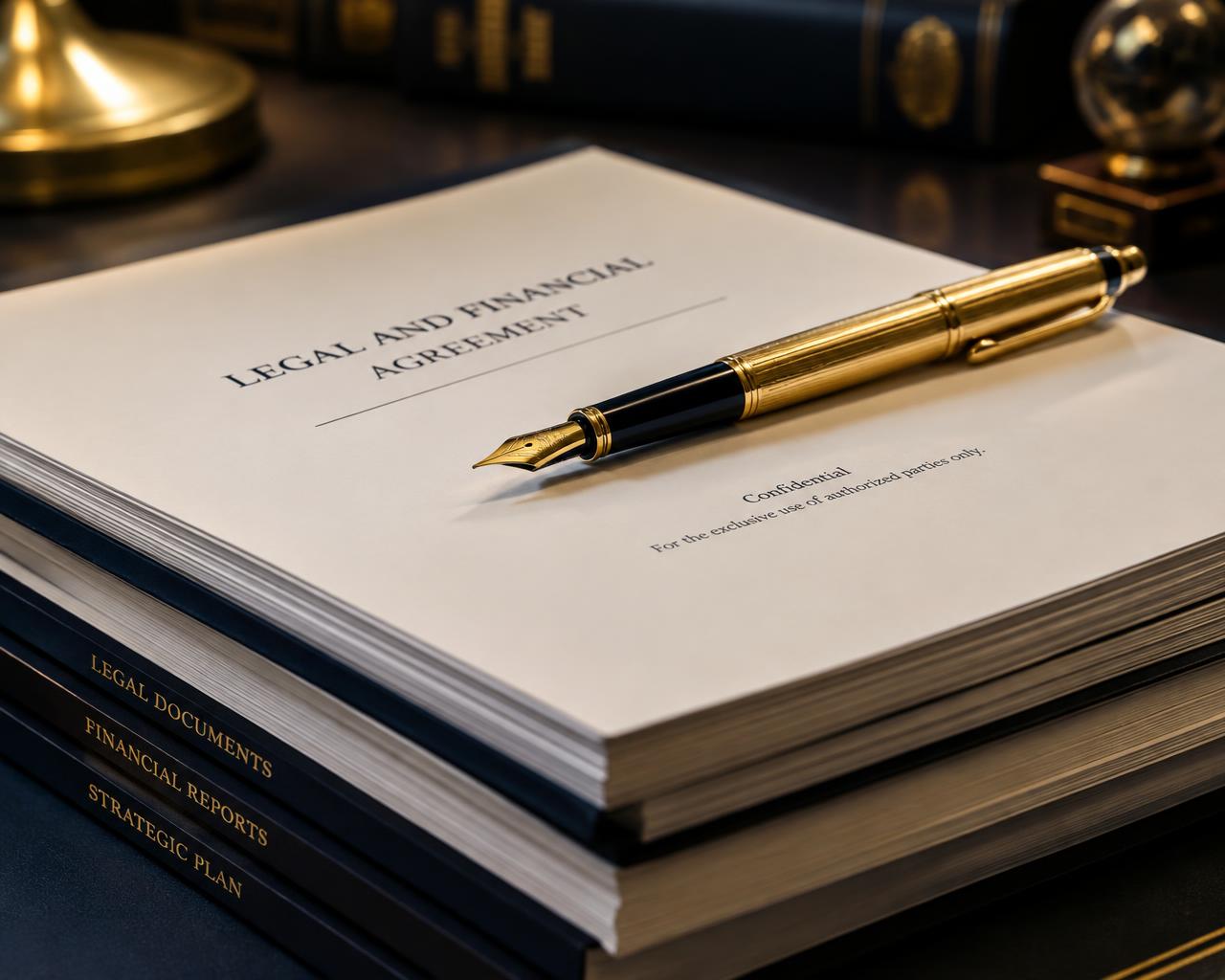 Stack of legal and financial documents with a golden fountain pen