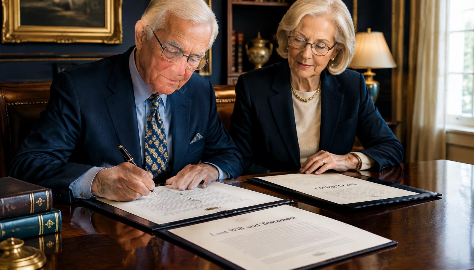 Couple signing a living trust and will