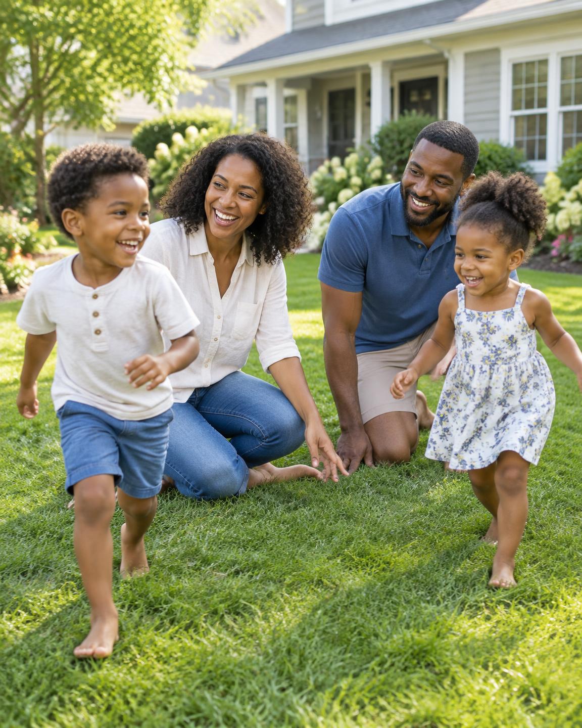 A Black family playing together on the grass outside their home