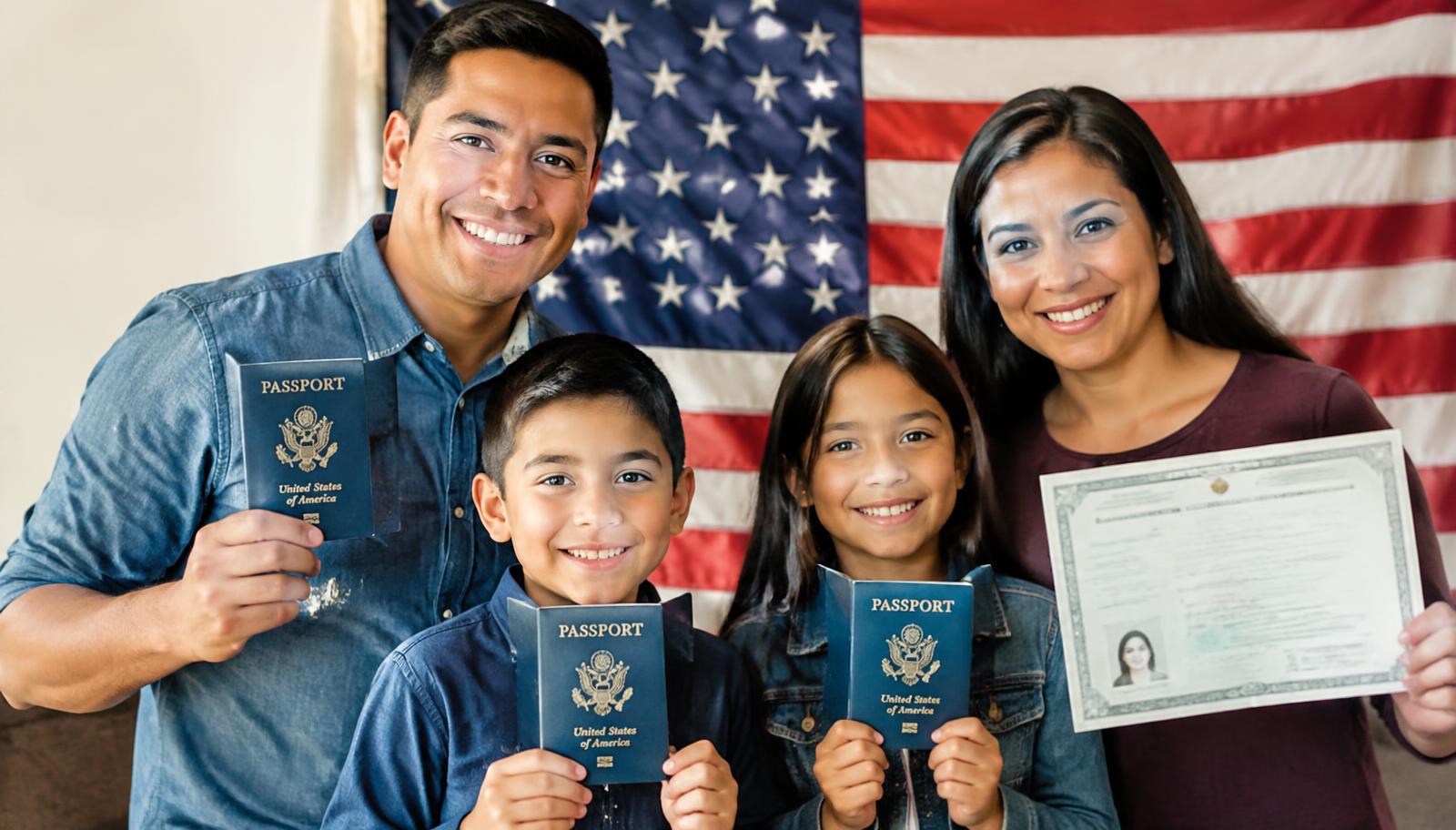 Family holding U.S. passports and a citizenship certificate